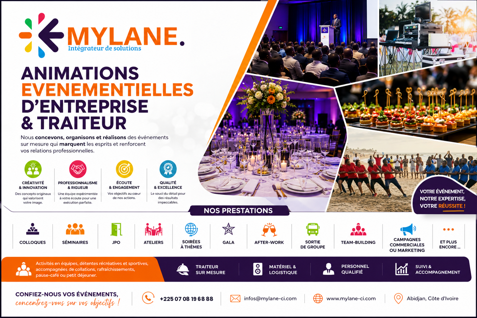 MYLANE — Animations événementielles d'entreprise et traiteur. Colloques, séminaires, JPO, ateliers, soirées à thèmes, gala, after-work, sortie de groupe, team-building, campagnes commerciales ou marketing.